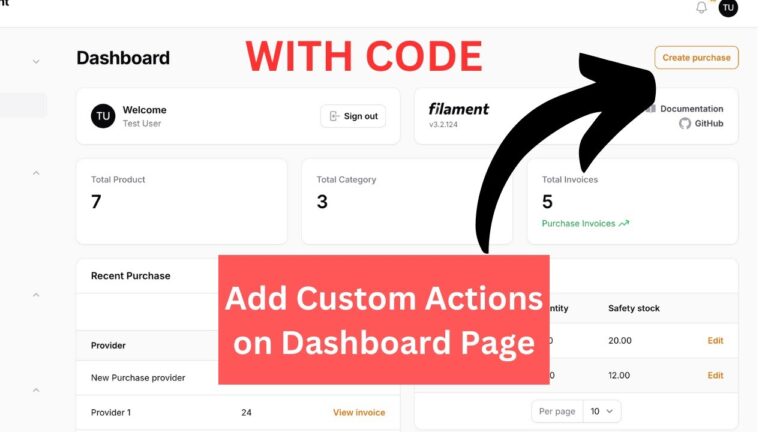 How to add custom actions on Filament dashboard page
